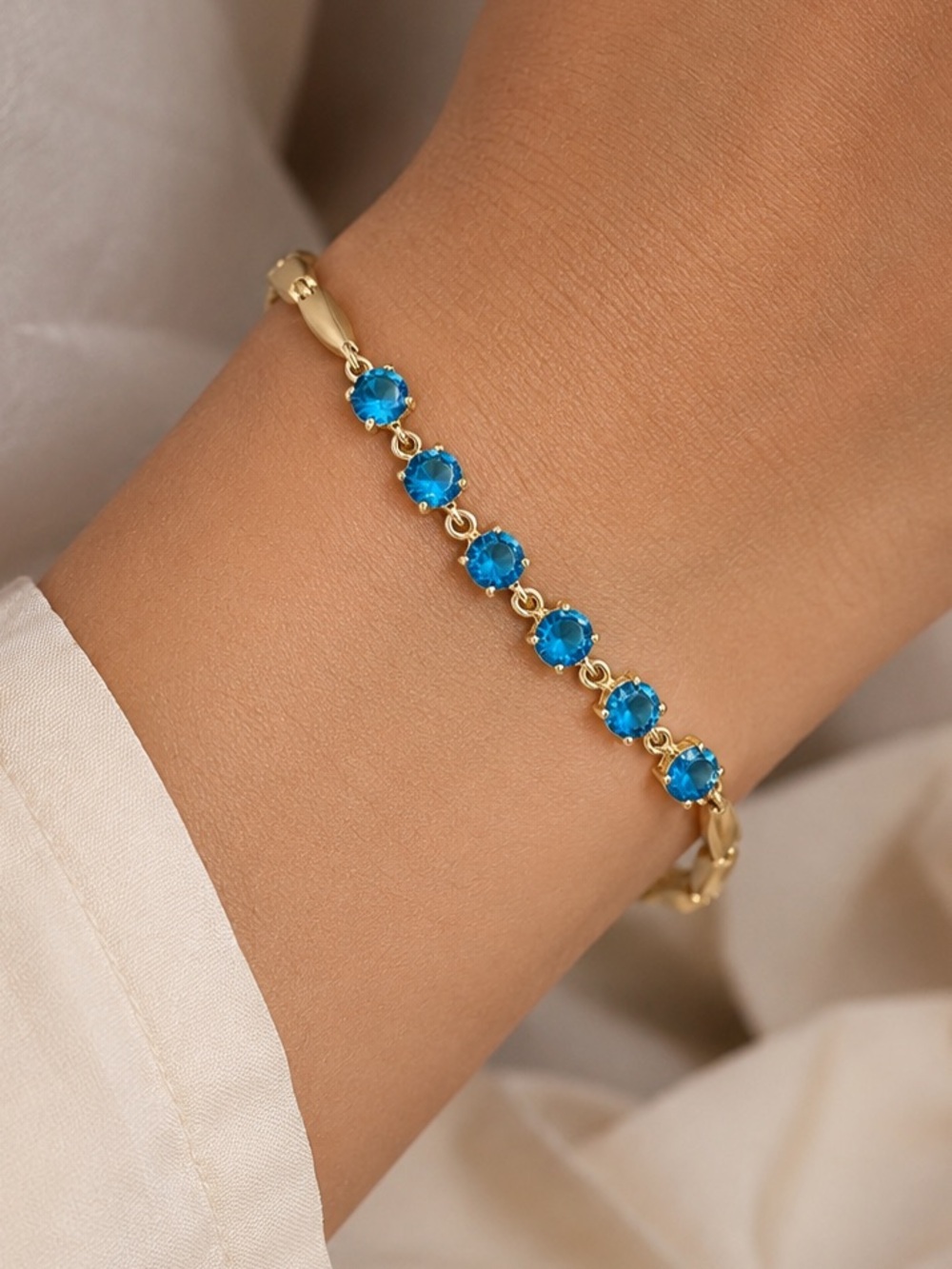 14K Gold Plated Blue Crystal Bracelet Water Resistant Luxury Tennis Bracelet